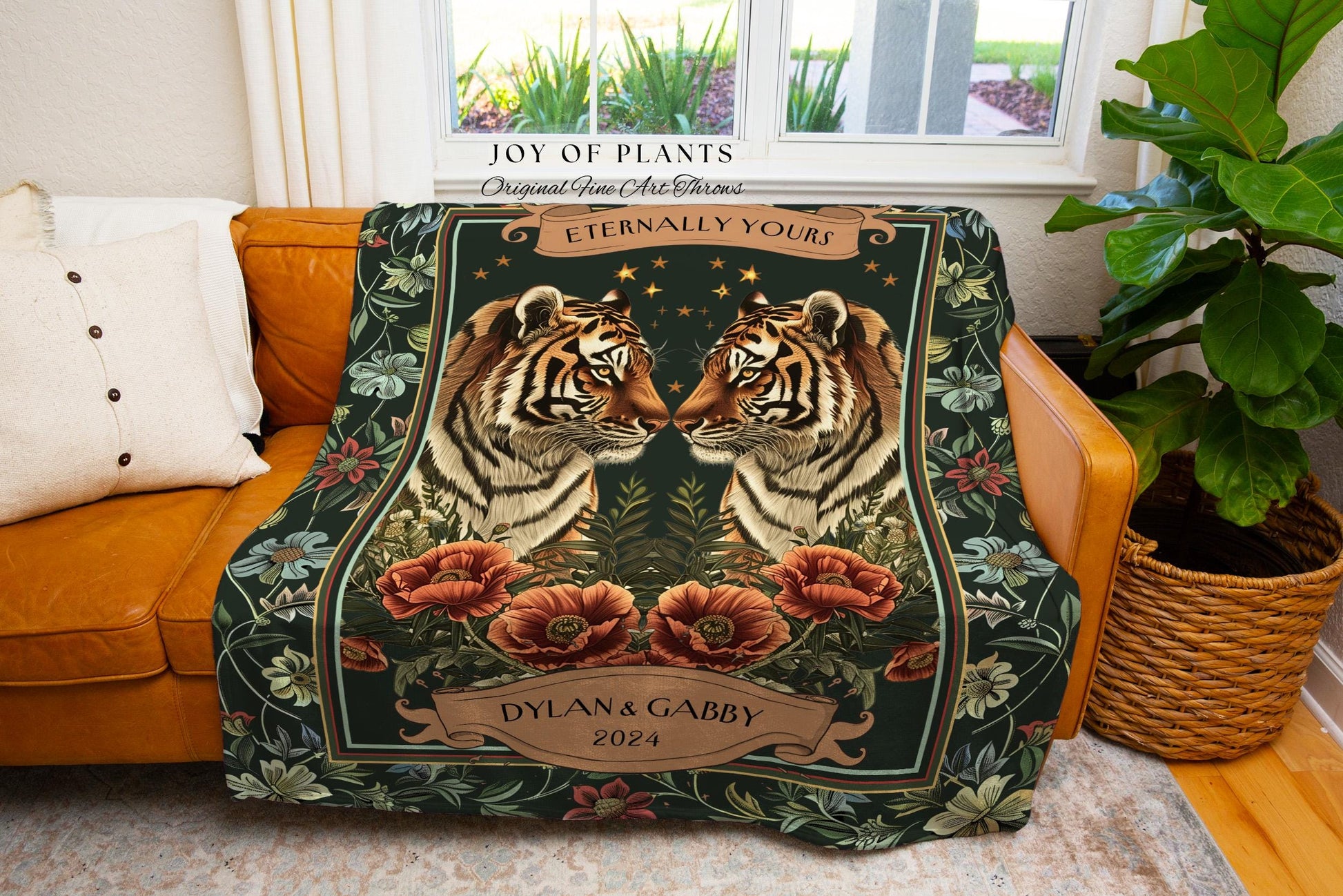 Whimsical Couples Anniversary Tapestry | Custom Name Gift for Partner Cozy Woven Cotton Throw Blanket Tiger Personalized His & Hers Romantic