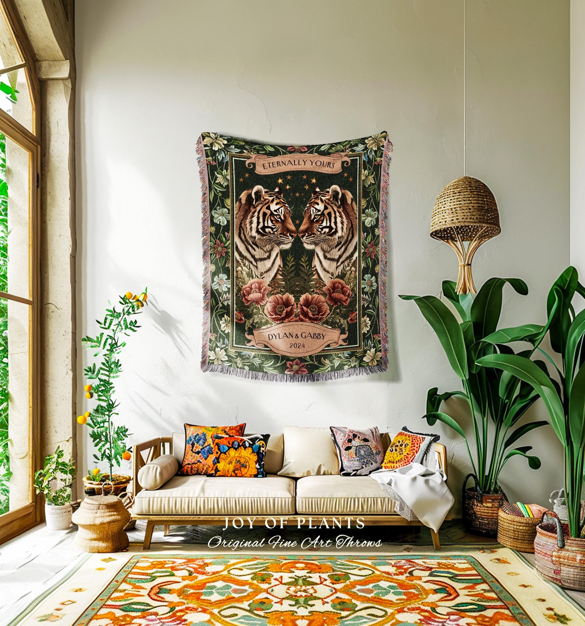 Whimsical Couples Anniversary Tapestry | Custom Name Gift for Partner Cozy Woven Cotton Throw Blanket Tiger Personalized His & Hers Romantic