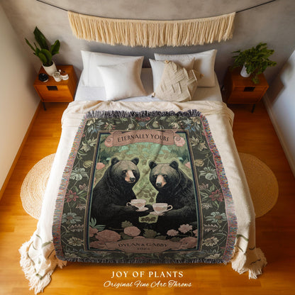 Floral Woodland Couples Custom Blanket | Cottagecore Wedding Anniversary Personalized Bear Couple Woven Throw Cute Blanket Outdoorsy Gift