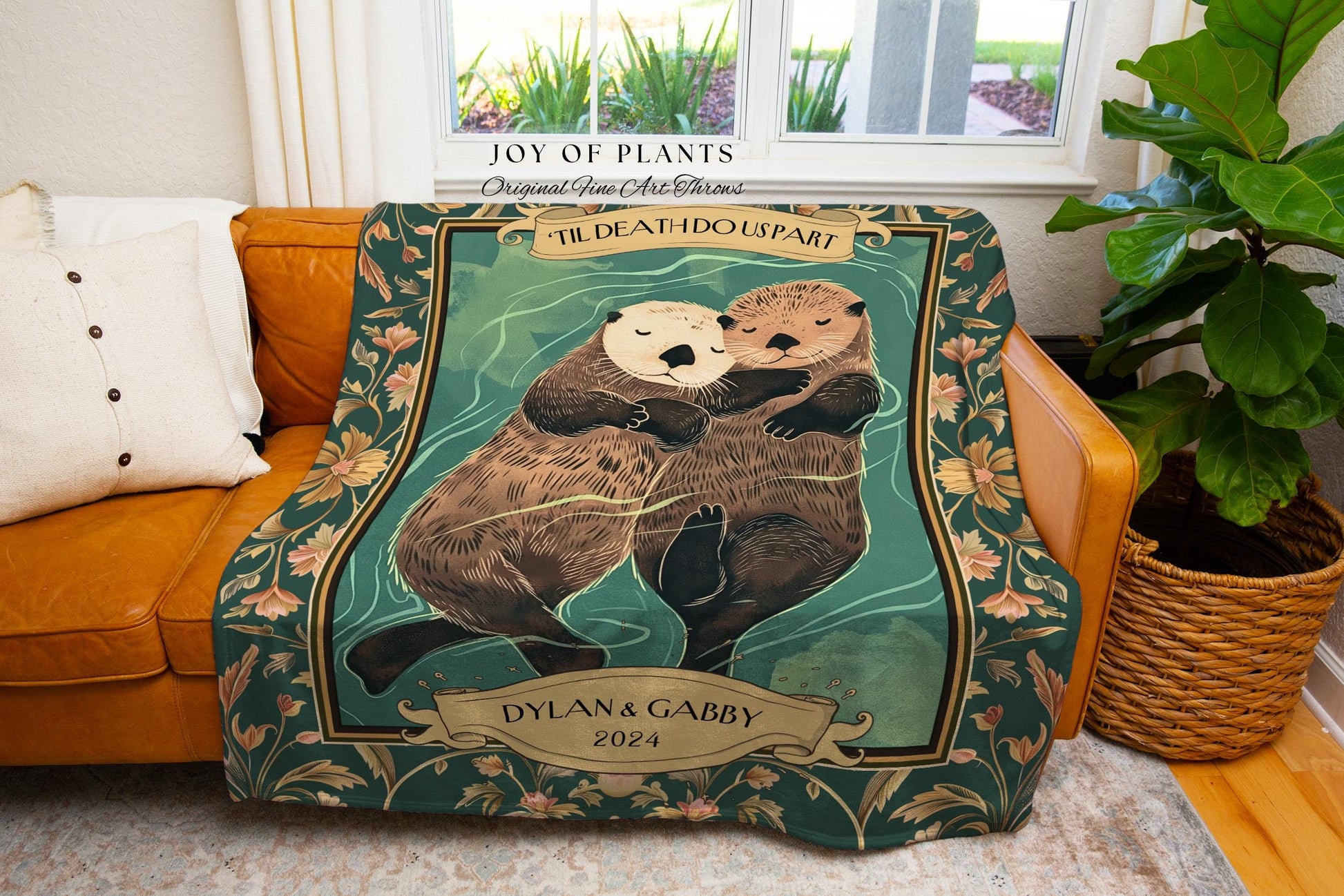 Boho Woodland Otter Couple Cute Custom Gift | Scandi Aesthetic Throw Blanket Whimsical Anniversary 'Otterly in Love' Custom Saying Tapestry