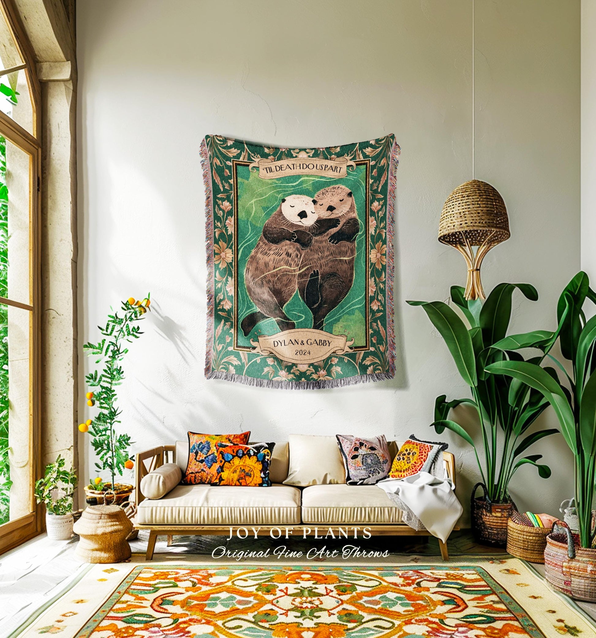 Boho Woodland Otter Couple Cute Custom Gift | Scandi Aesthetic Throw Blanket Whimsical Anniversary 'Otterly in Love' Custom Saying Tapestry