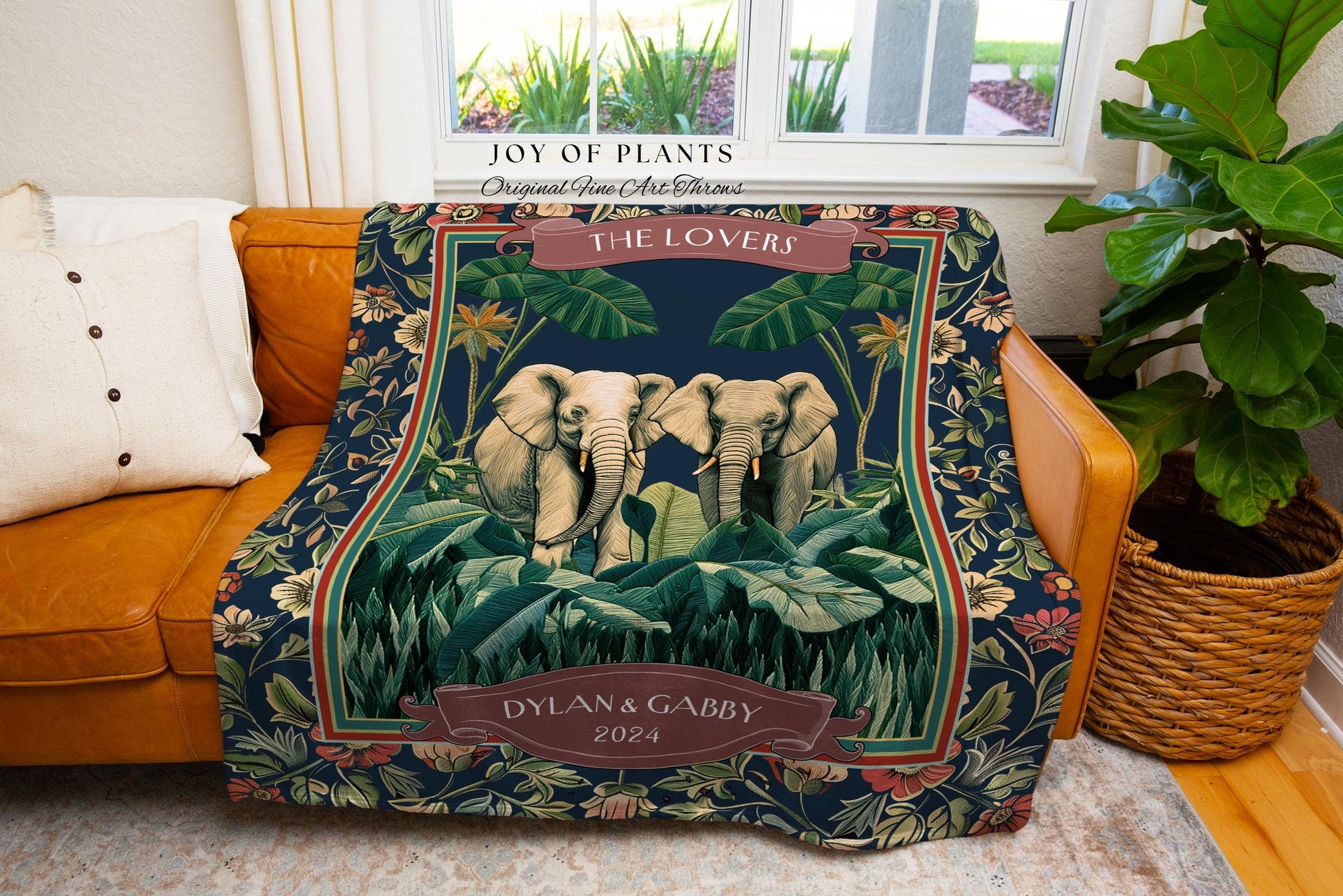 Tropical Botanical Elephant Couple Blanket | Jungle Tapestry Wedding Throw Personalized His & Hers Names Custom Anniversary Gift Cute Throw