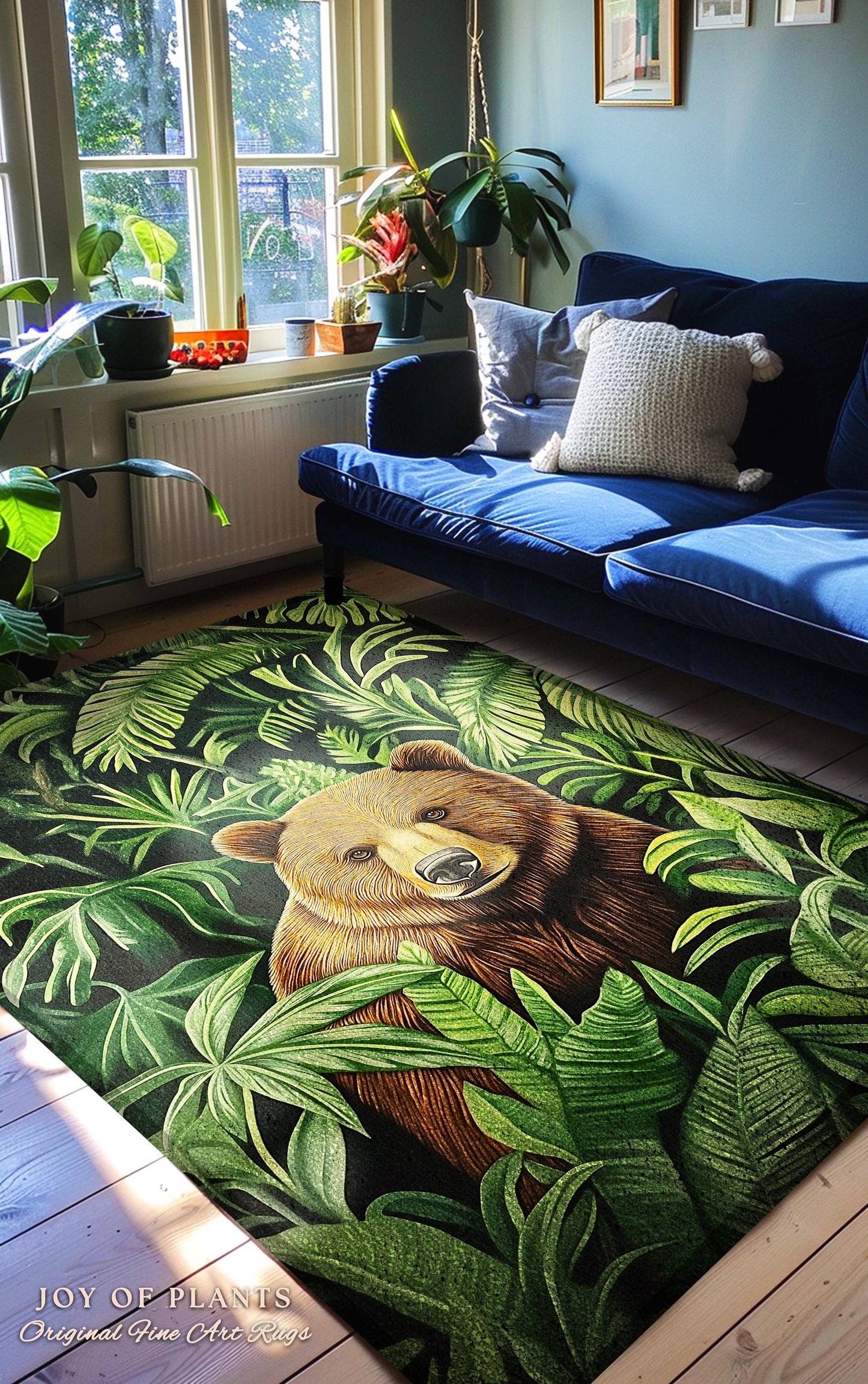 Jungle Bear Botanical Rug Tropical Forestcore Wilderness Decor | Whimsical Woodland Bohemian Retro Vintage Aesthetic Cottagecore Animal Art