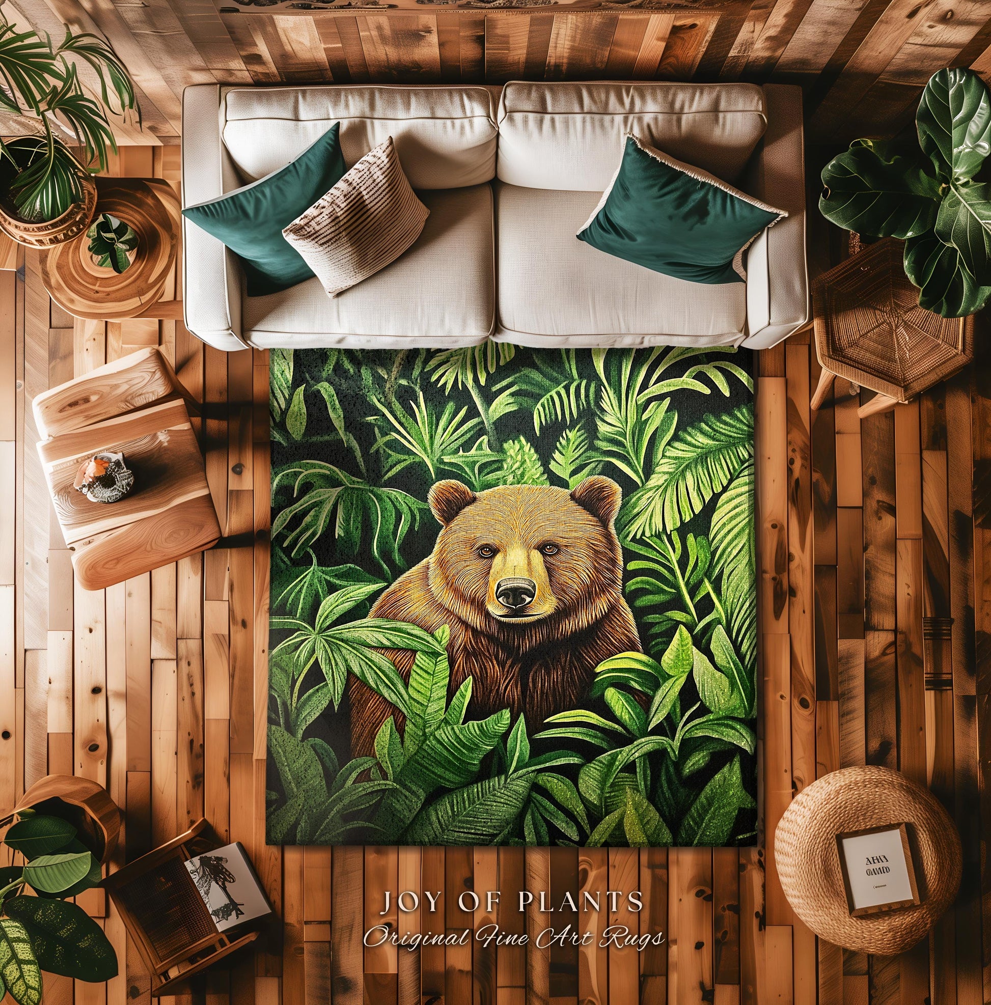 Jungle Bear Botanical Rug Tropical Forestcore Wilderness Decor | Whimsical Woodland Bohemian Retro Vintage Aesthetic Cottagecore Animal Art