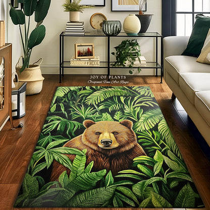 Jungle Bear Botanical Rug Tropical Forestcore Wilderness Decor | Whimsical Woodland Bohemian Retro Vintage Aesthetic Cottagecore Animal Art