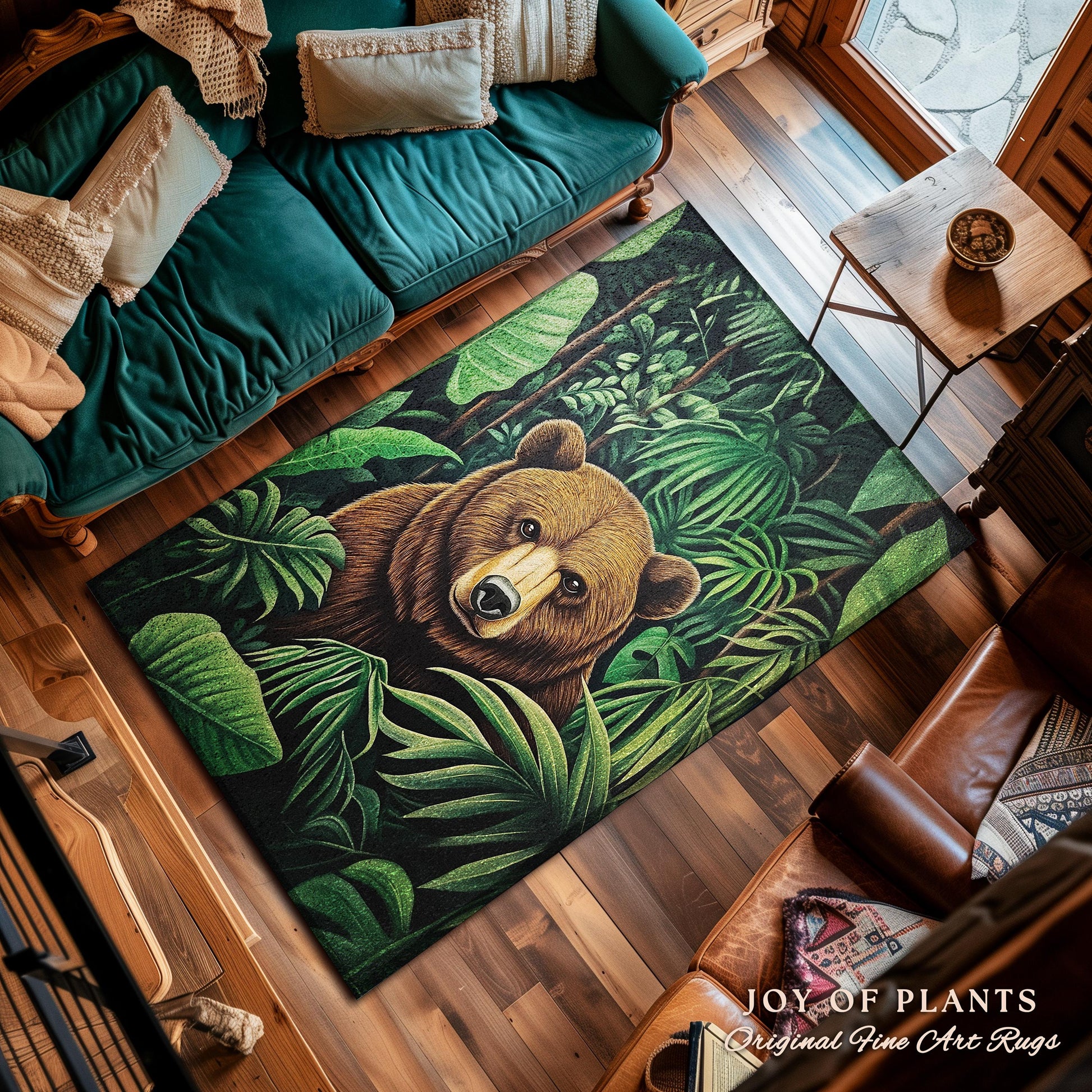 Botanical Bear Rug Tropical Forestcore Nature Themed Decor | Lush Greenery Foliage Jungle Aesthetic Maximalist Woodland Animal Art Accent