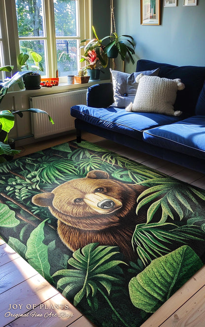 Botanical Bear Rug Tropical Forestcore Nature Themed Decor | Lush Greenery Foliage Jungle Aesthetic Maximalist Woodland Animal Art Accent