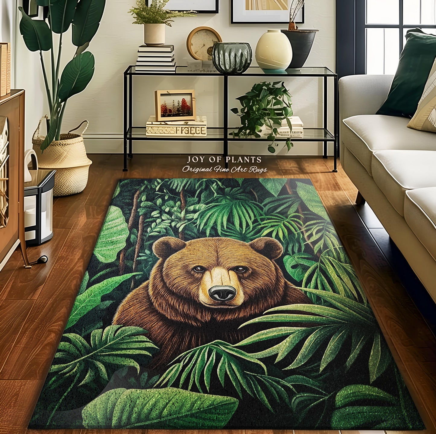 Botanical Bear Rug Tropical Forestcore Nature Themed Decor | Lush Greenery Foliage Jungle Aesthetic Maximalist Woodland Animal Art Accent