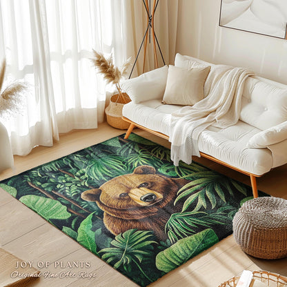 Botanical Bear Rug Tropical Forestcore Nature Themed Decor | Lush Greenery Foliage Jungle Aesthetic Maximalist Woodland Animal Art Accent