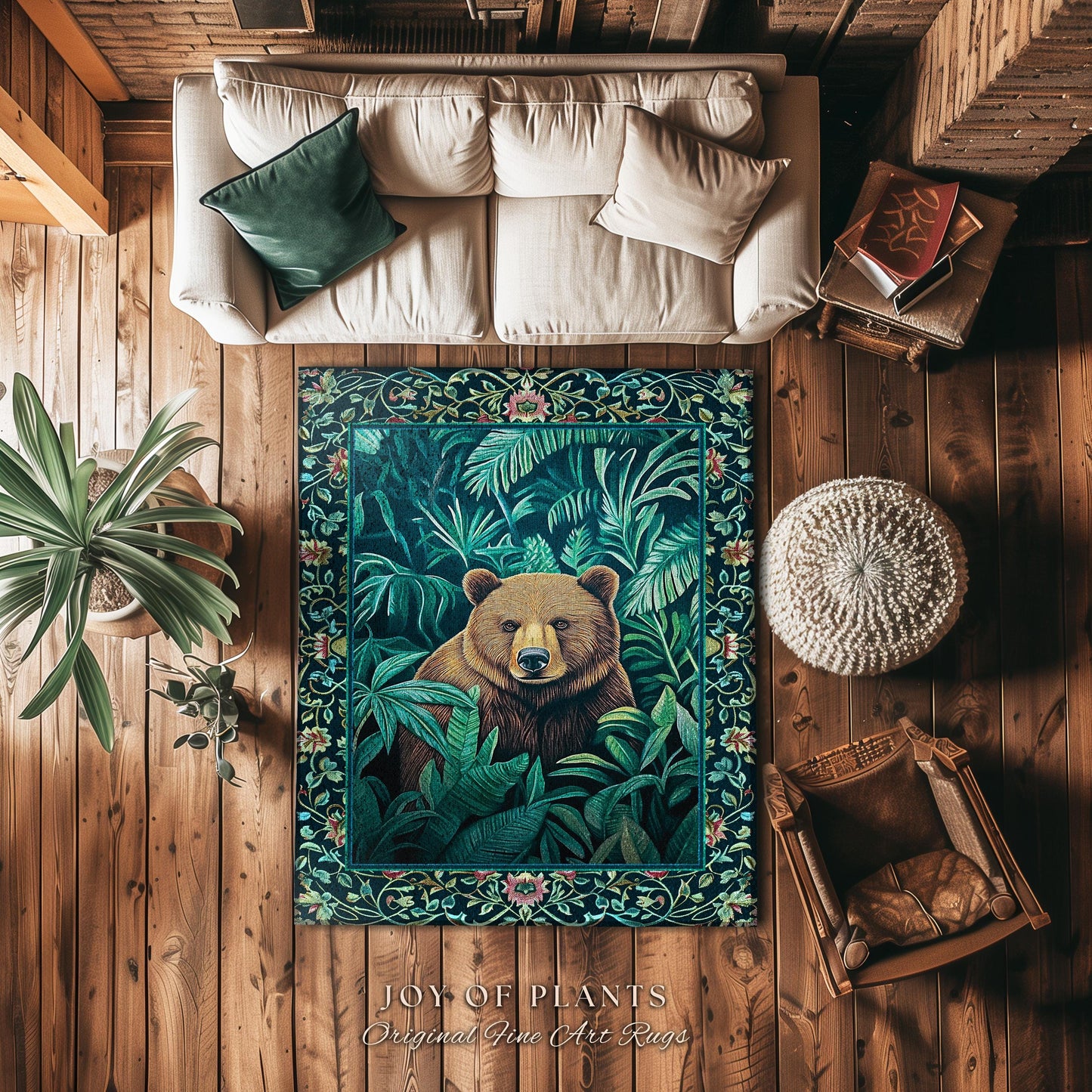 Enchanted Forest Brown Bear Botanical Jungle Art Whimsical Woodland Teal & Emerald Green Forestcore Lush Greenery Retro Eclectic Home Decor