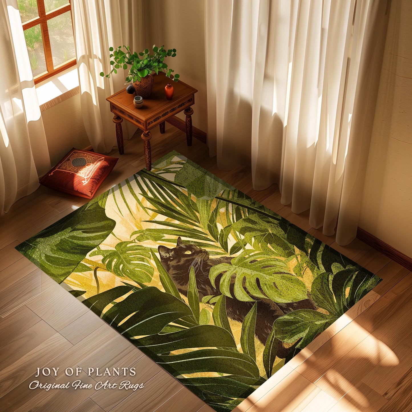 Indie Boho Cat Monstera Jungle Rug Whimsical Botanical Art Nouveau Decor | Ethereal Victorian Gothic Tropical Leaves Cottagecore Home Accent