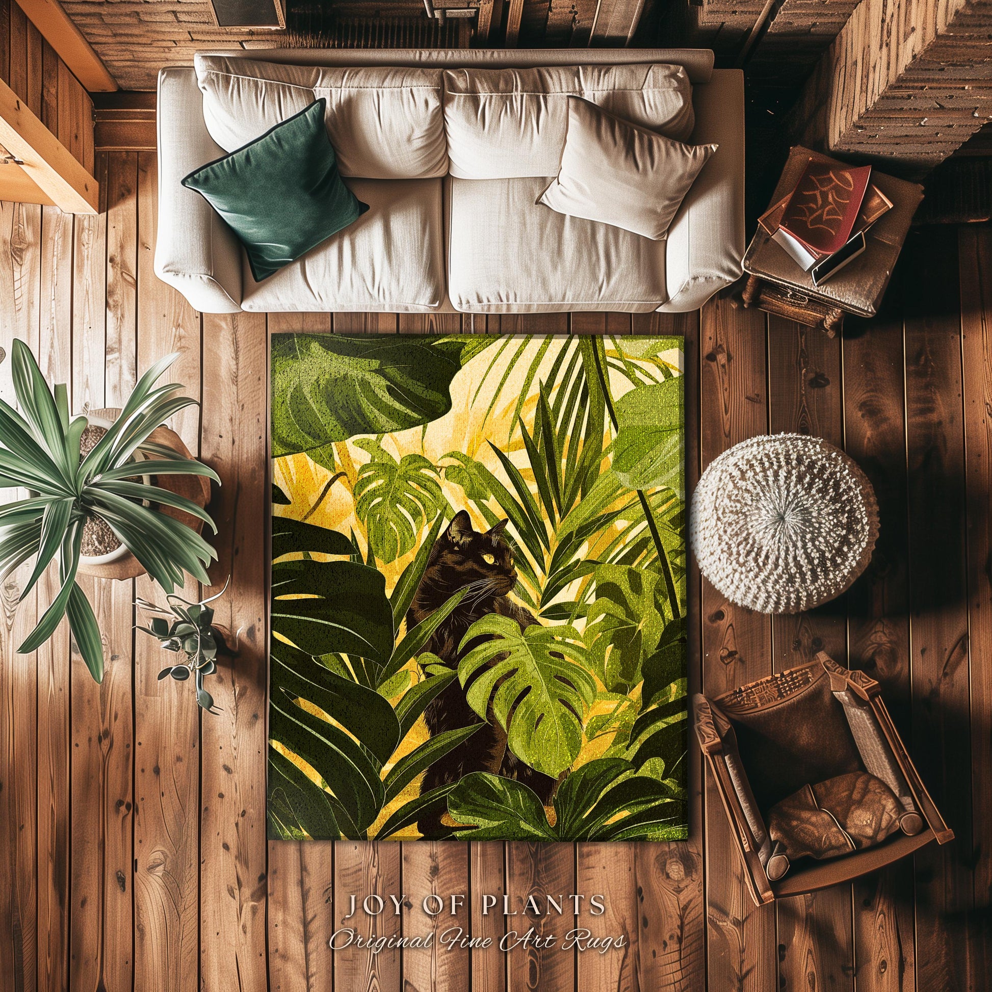 Indie Boho Cat Monstera Jungle Rug Whimsical Botanical Art Nouveau Decor | Ethereal Victorian Gothic Tropical Leaves Cottagecore Home Accent