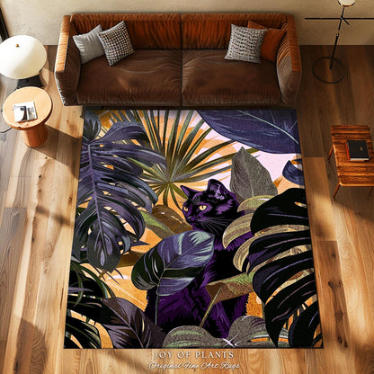 Tropical Leaves Botanical Jungle Rug | Forest Aesthetic Dark Academia Monstera Leaf Nature Inspired Woodland Wildflowers Decor Maximalist |