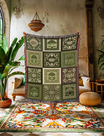 Vintage Aesthetic Pumpkin Mushroom Tapestry Blanket Sage Green Cozy Woven Throw | Boho Cottagecore Decor Whimsical Fall Farmhouse Decorating