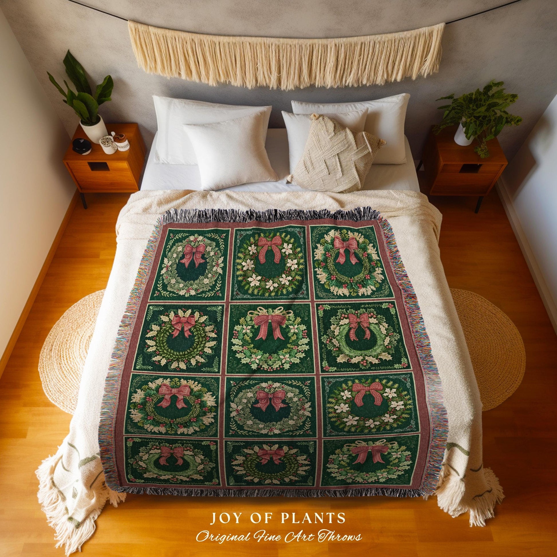 Classic Holiday Wreath Blanket Rustic Farmhouse Christmas Decor | Festive Green Boho Tapestry Throw Vintage Aesthetic Cozy Winter Charm Art