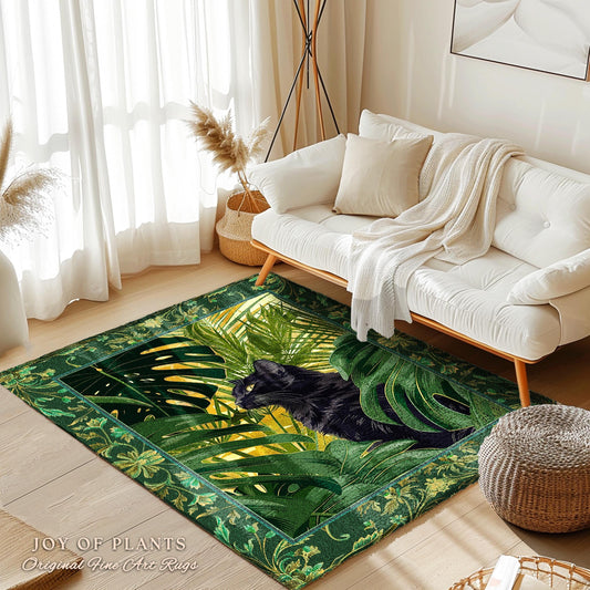 Vintage Forest Green Cottagecore Black Cat Botanical Monstera Exotic Leaf Art Rug | Enchanted Forest Whimsical Gothic Grunge Fairycore Decor