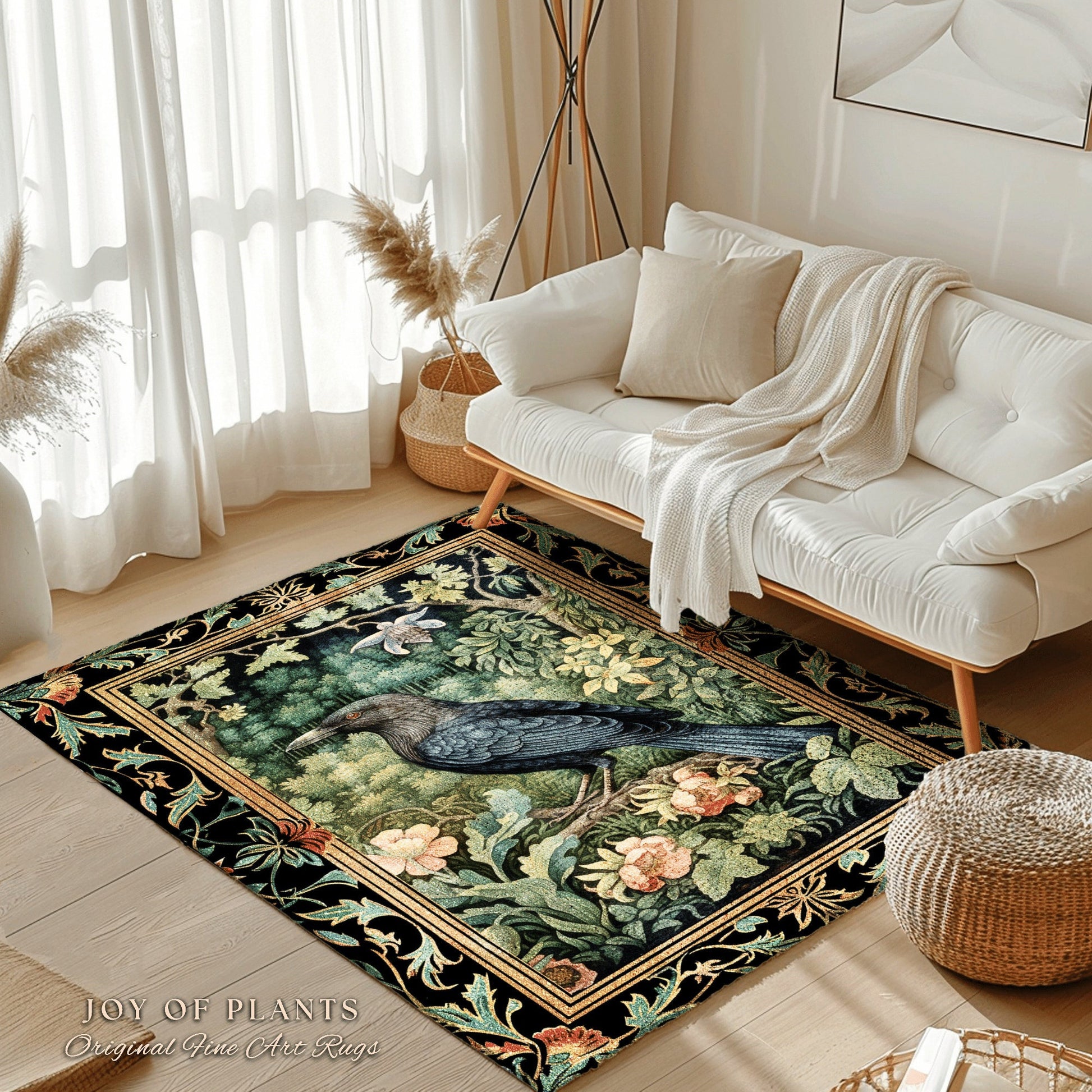 Cozy Aesthetic Crow Rug | Witchy Bedroom Decor William Morris Inspired Cottagecore Room Dark Academia Style Rug Mystical Crowcore Art |