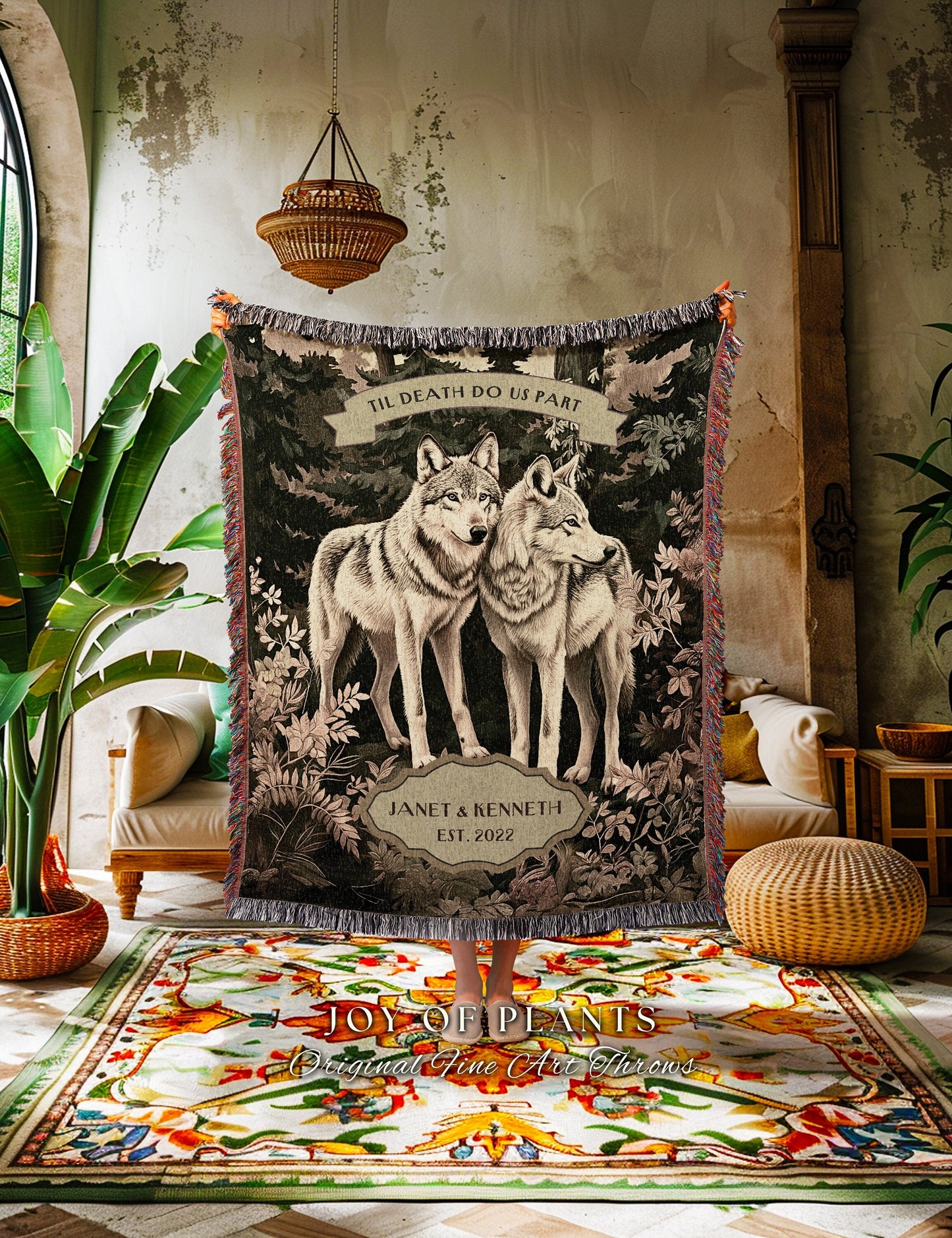 Woven Tapestry Personalized Couple Gift | Romantic Couple Gift Ideas Custom Blanket Wedding Unique Dark Woodland Ethereal Wolf Lover Throw |