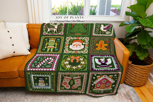 Retro Folk Art Cottagecore Christmas Blanket Vintage Patchwork Hygge Holiday Farmhouse Decor | Cute Cottage Scandi Festive Tapestry Throw