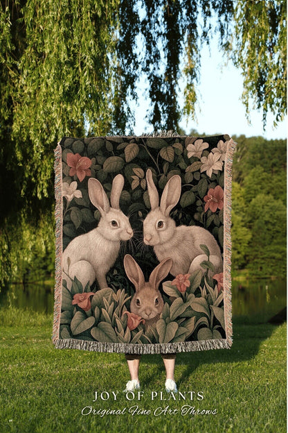 Folklore Bunnies Woven Blanket | Wildflower Tapestry Boho Room Decor Woodland Aesthetic Fairy Core Throw Woven Wallhanging Cottagecore |