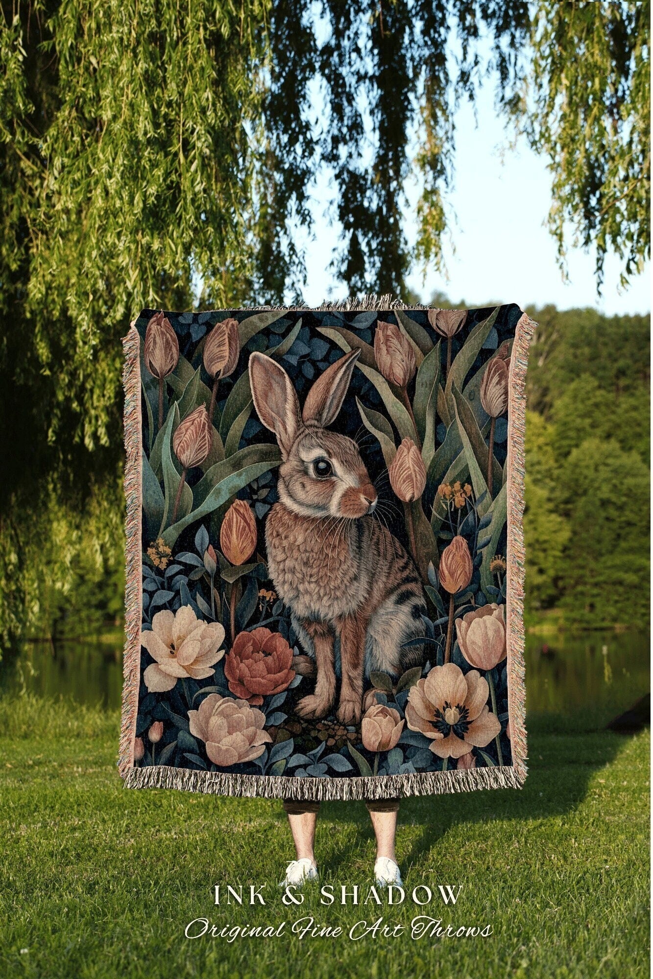 Bunny in the Tulips Woven Throw | Cottagecore Cozy Blanket Boho Room Decor Woodland Botanical Aesthetic Fairy Core Tapestry Wallhanging Gift