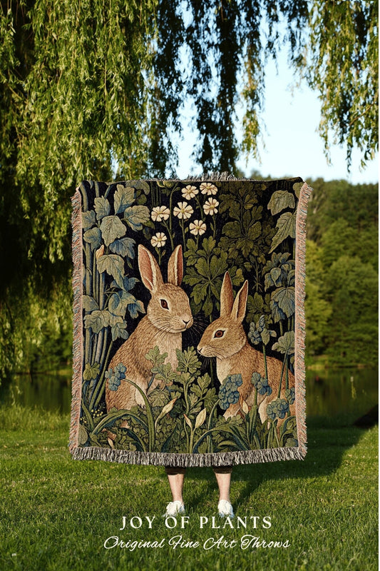 Woven Rabbit Woodland Throw | William Morris inspired Throw Blanket Vintage Cottagecore Woodland Aesthetic Decor Woven Throw Rabbit Tapestry