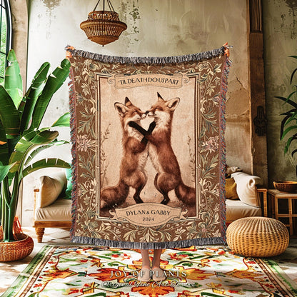 Playful Fox Couple Woven Throw Blanket | Forest Aesthetic Whimsical Woodland Wedding Anniversary Cottagecore Dating Gift Personalized Names