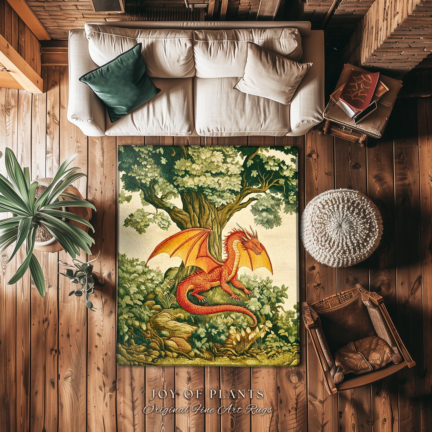 Whimsical Red Dragon Rug Antique Forest Scene Woodland Gothic Whimsy, Light Academia Aesthetic Medieval Inspired Mystical Fantasy Home Decor