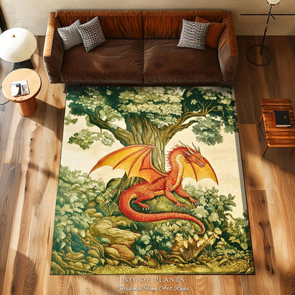 Whimsical Red Dragon Rug Antique Forest Scene Woodland Gothic Whimsy, Light Academia Aesthetic Medieval Inspired Mystical Fantasy Home Decor