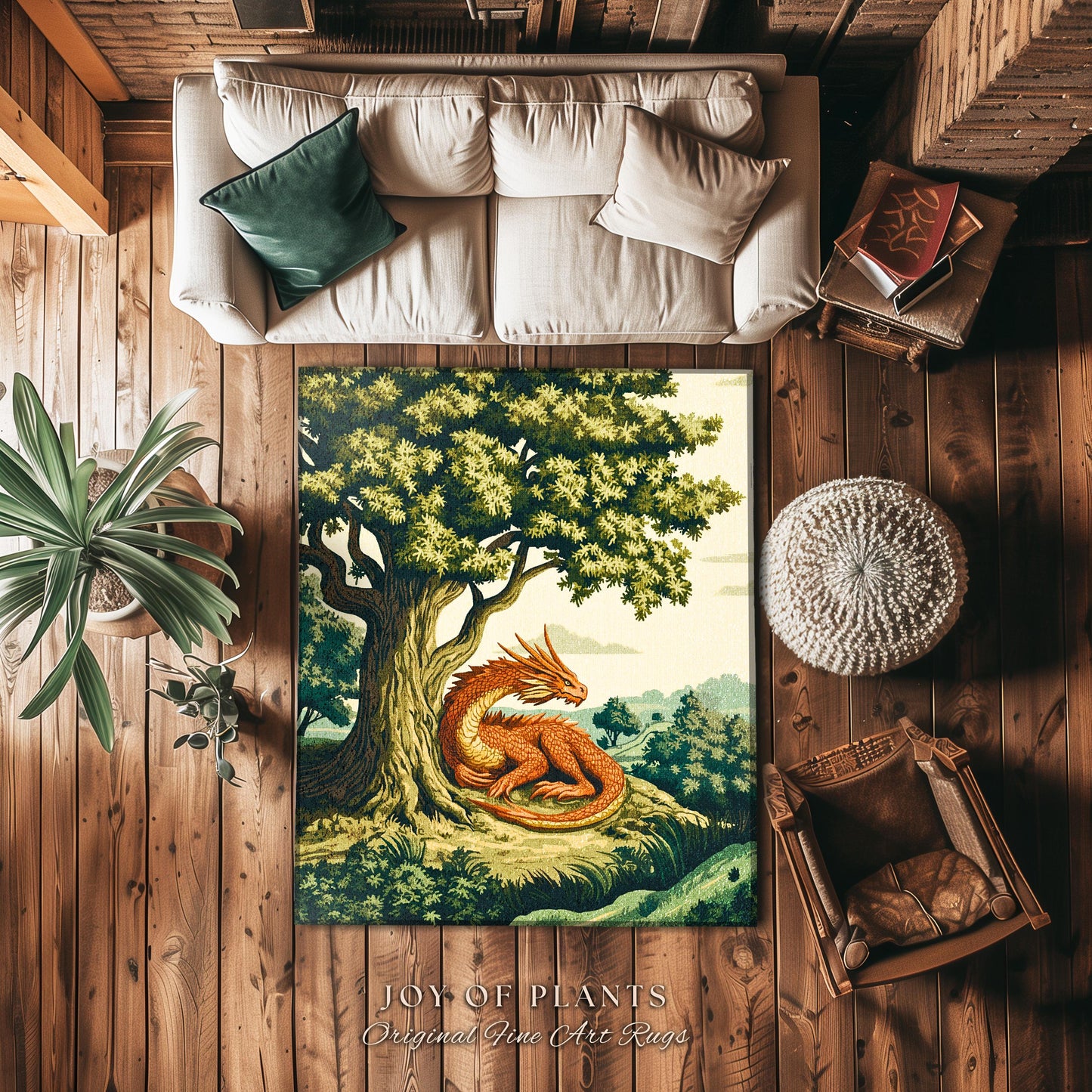 Antique Aesthetic Dragon Rug Rustic Woodland Fairytale Farmhouse Decor | Whimsical Fantasy Medieval Art Forestcore Goblincore Home Accent