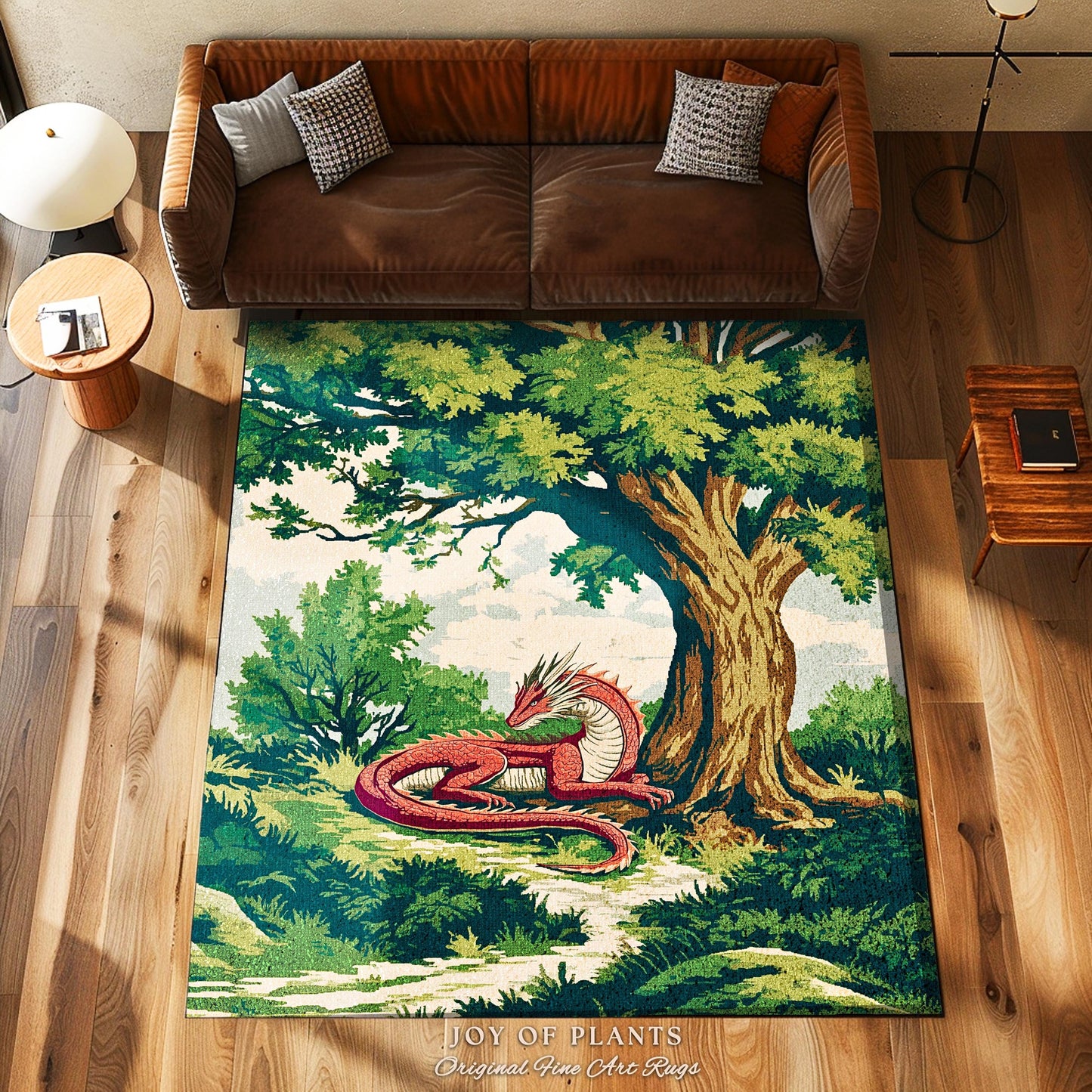 Enchanted Red Dragon Rug Mystical Forest Scene Fantasy Goblincore, Medieval Forestcore Home Accent Whimsical Mystic Creature Woodland Decor