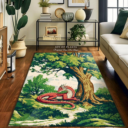 Enchanted Red Dragon Rug Mystical Forest Scene Fantasy Goblincore, Medieval Forestcore Home Accent Whimsical Mystic Creature Woodland Decor