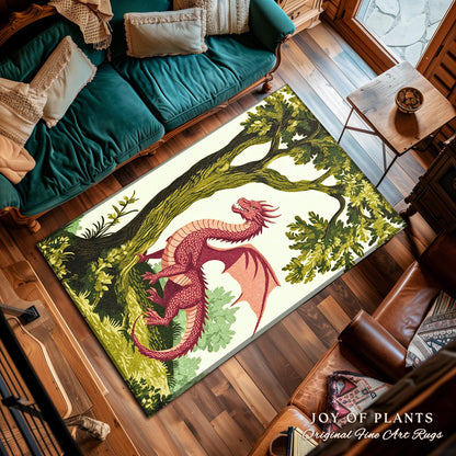 Pastoral Dragon Rug Light Academia Inspired Woodland Cottagecore Goblincore, Rustic Folklore Home Decor Forestcore Medieval Aesthetic Art