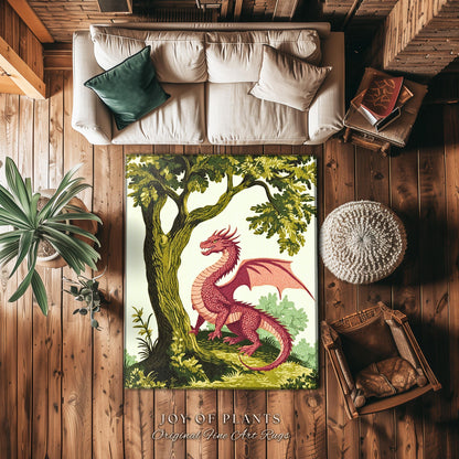 Pastoral Dragon Rug Light Academia Inspired Woodland Cottagecore Goblincore, Rustic Folklore Home Decor Forestcore Medieval Aesthetic Art