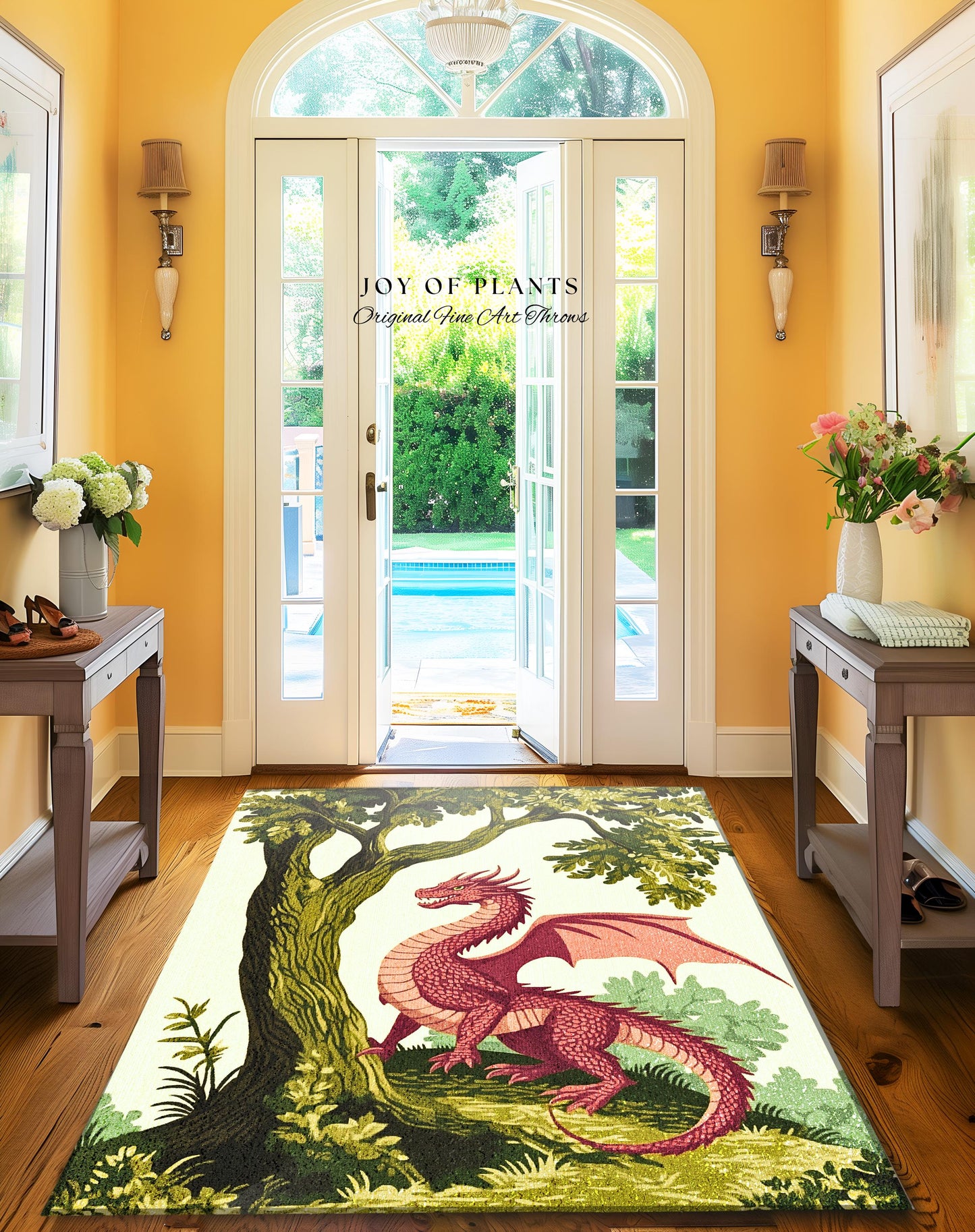 Pastoral Dragon Rug Light Academia Inspired Woodland Cottagecore Goblincore, Rustic Folklore Home Decor Forestcore Medieval Aesthetic Art