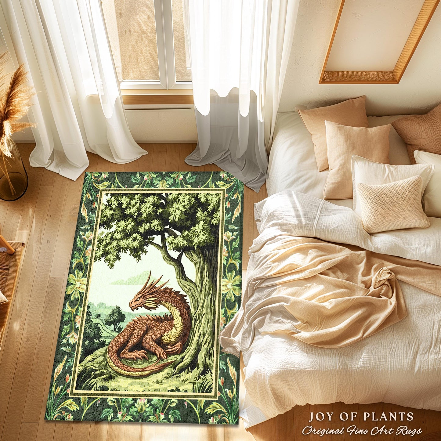 Woodland Dragon Rug Enchanted Forest Tree Folklore Cottagecore Home, Mystical Medieval Aesthetic Sage Green Accent Rustic Fantasy Goblincore