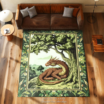 Woodland Dragon Rug Enchanted Forest Tree Folklore Cottagecore Home, Mystical Medieval Aesthetic Sage Green Accent Rustic Fantasy Goblincore