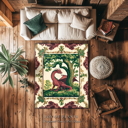 Goblincore Dragon Rug Scandinavian Woodland Fantasy Country Cottagecore | Mystical Mythical Decor Rustic Medieval Folk Art Retro Home Accent