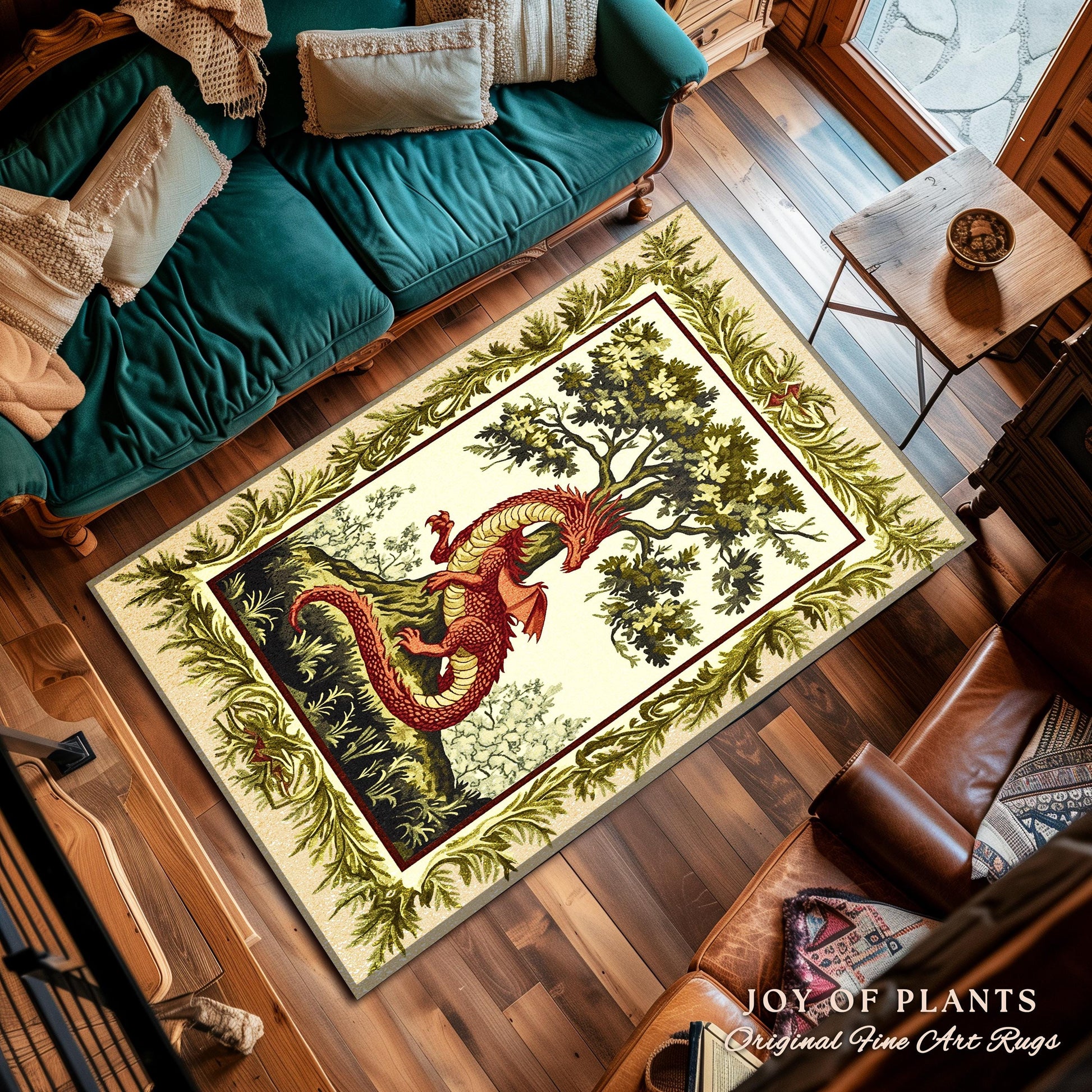 Light Academia Dragon Rug Whimsical Woodland Goblincore French Country Cottagecore, Magical Mythical Creature Decor Rustic Whimsigothic Home