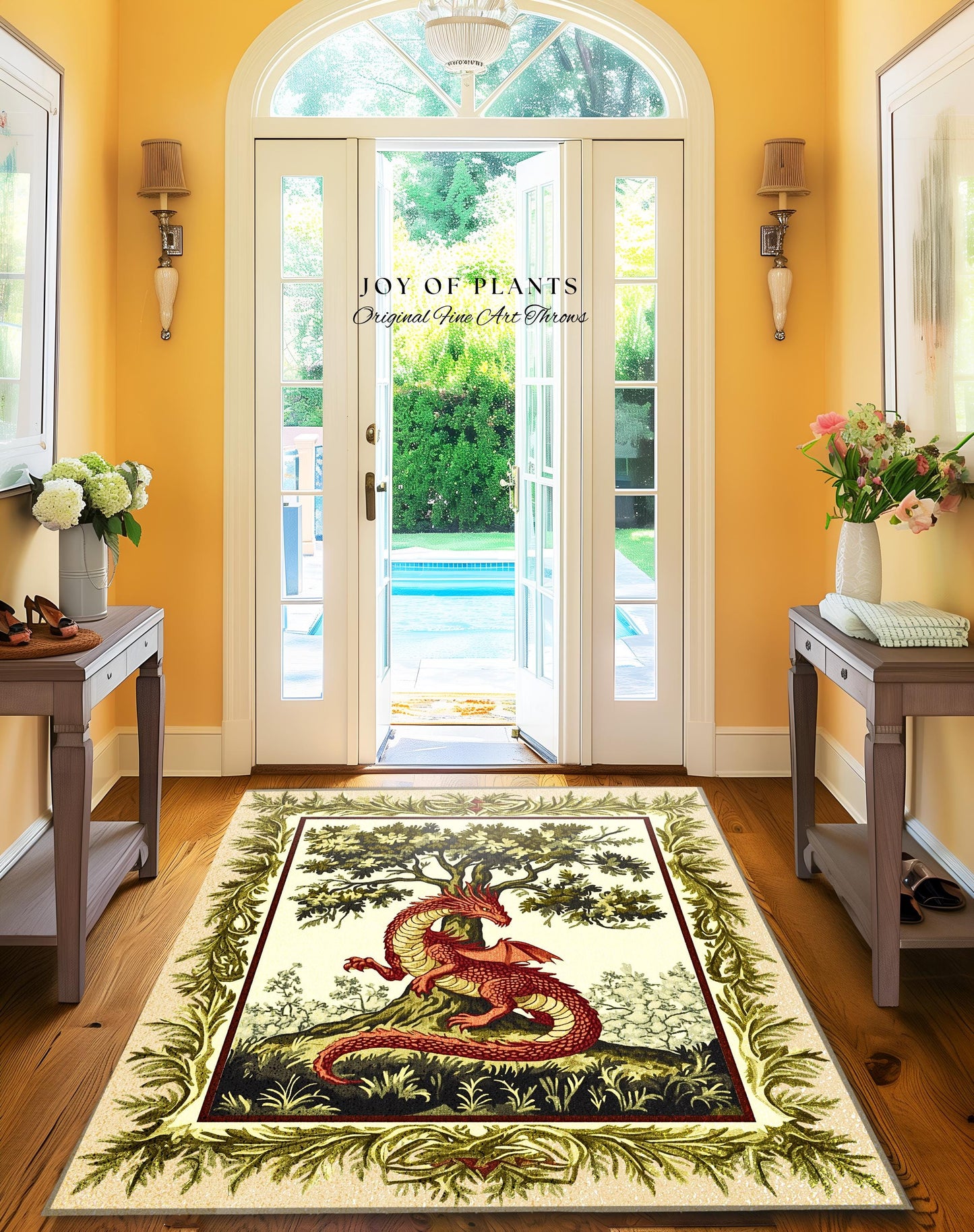 Light Academia Dragon Rug Whimsical Woodland Goblincore French Country Cottagecore, Magical Mythical Creature Decor Rustic Whimsigothic Home