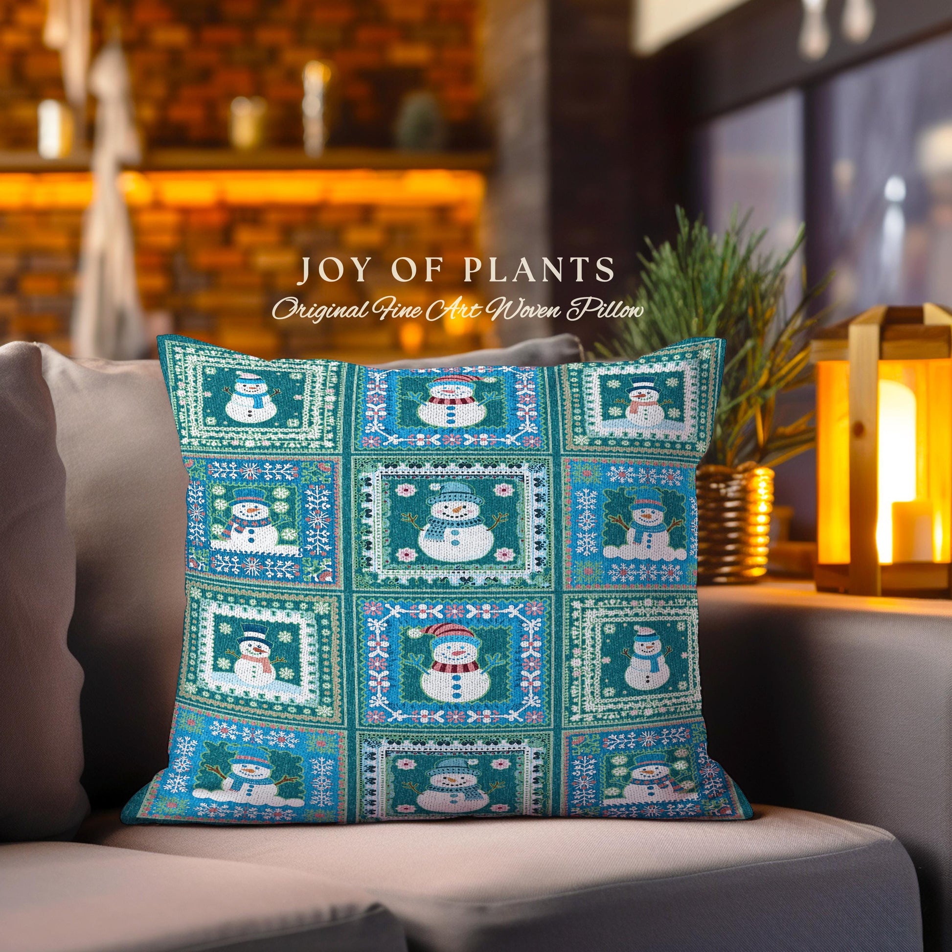 Retro Snowman Scandinavian Art Tapestry Pillow Checkered Frosty Blue Green Winter Cushion, Vintage Holiday Winter Wonderland Christmas Decor