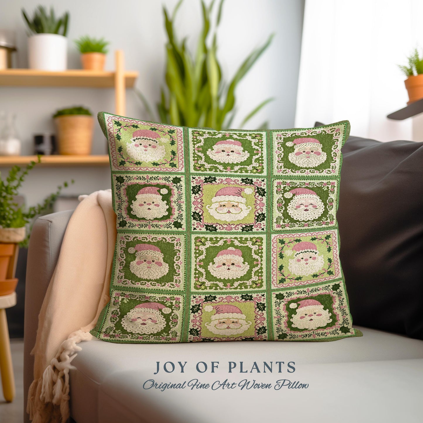 Jolly Santa Patchwork Holiday Pillow Retro Green Christmas Decor | Nostalgic Claus Tapestry Cushion Cozy Winter Festive Country Cottage Chic