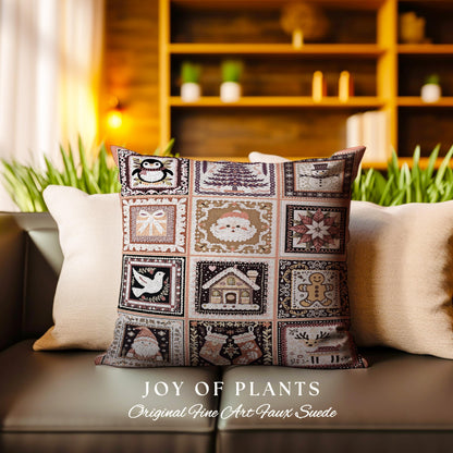 Country Farmhouse Vintage Holiday Folk Art Pillow Rustic Patchwork, Festive Scandinavian Danish Style Whimsical Christmas Tapestry Cushion