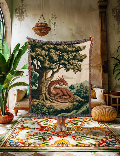 Antique Aesthetic Dragon Blanket Rustic Woodland Decor Tapestry Throw | Whimsical Fantasy Medieval Art Forestcore Woven Cozy Home Accent