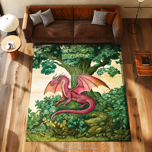 Magical Dragon Rug Mystical Woodland Forest Fantasy Decor | Whimsical Medieval Dragon Landscape Art Light Academia Vintage Fairytale Whimsy