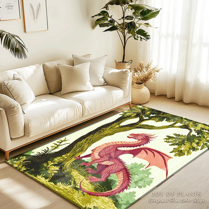 Pastoral Dragon Rug Light Academia Inspired Woodland Cottagecore Goblincore, Rustic Folklore Home Decor Forestcore Medieval Aesthetic Art