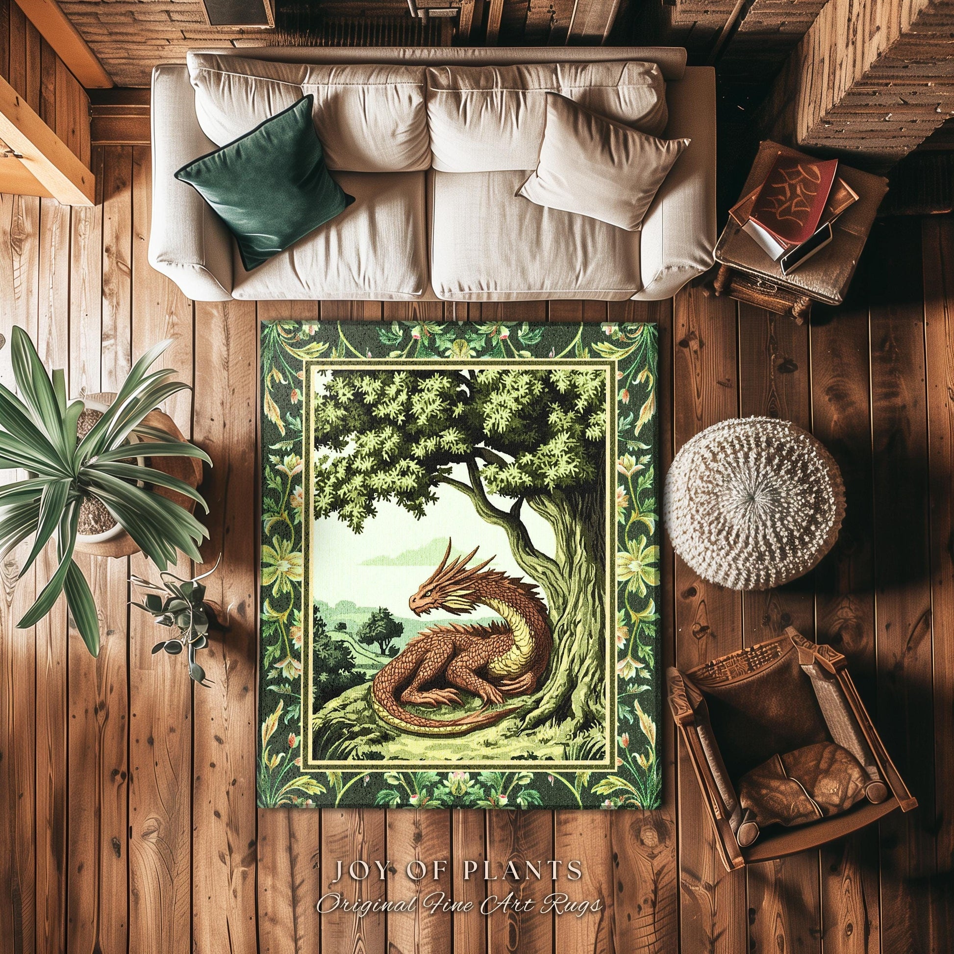 Woodland Dragon Rug Enchanted Forest Tree Folklore Cottagecore Home, Mystical Medieval Aesthetic Sage Green Accent Rustic Fantasy Goblincore