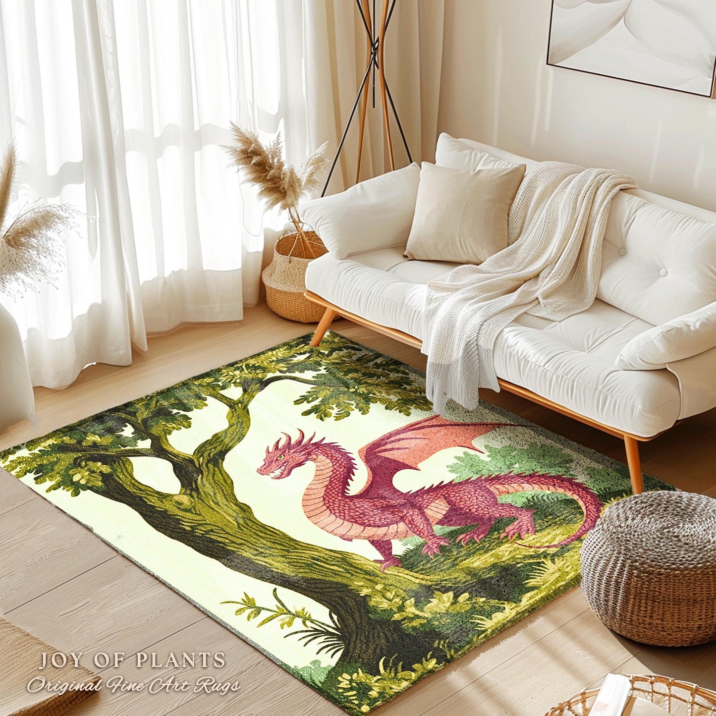 Pastoral Dragon Rug Light Academia Inspired Woodland Cottagecore Goblincore, Rustic Folklore Home Decor Forestcore Medieval Aesthetic Art