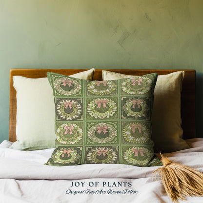 Festive Green Holiday Squares Woven Pillow Rustic Farmhouse Christmas Tapestry Cushion | Vintage Cozy Home Decor Boho Country Cottage X-Mas