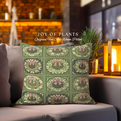 Festive Green Holiday Squares Woven Pillow Rustic Farmhouse Christmas Tapestry Cushion | Vintage Cozy Home Decor Boho Country Cottage X-Mas